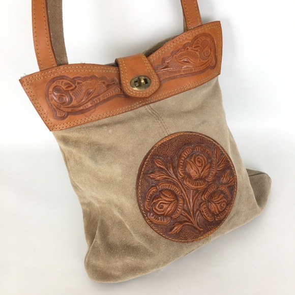 Vintage Handbags - Vintage Mont-Abur Boho Tooled Leather Suede Shoulder Bag Purse Hippie Floral